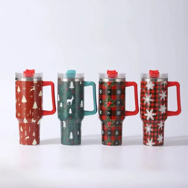 40oz Christmas-Themed Insulated Stainless Steel Tumbler with Straw