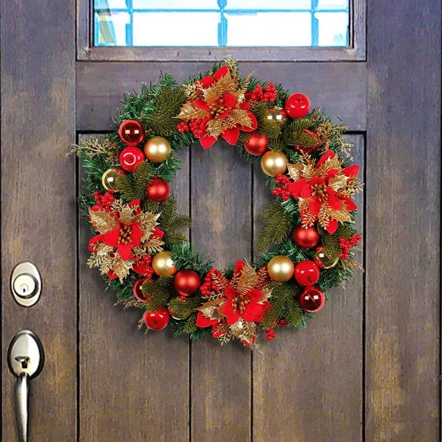 No Electricity Required Durable Plastic Christmas Wreath with Golden Bells, Bows